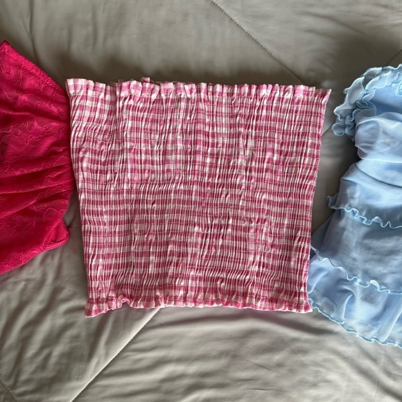 SHEIN Red, Pink, and Blue Bandeau Crop Tops Gingham Lace Ruffle Tops Bundle - Picture 3 of 12